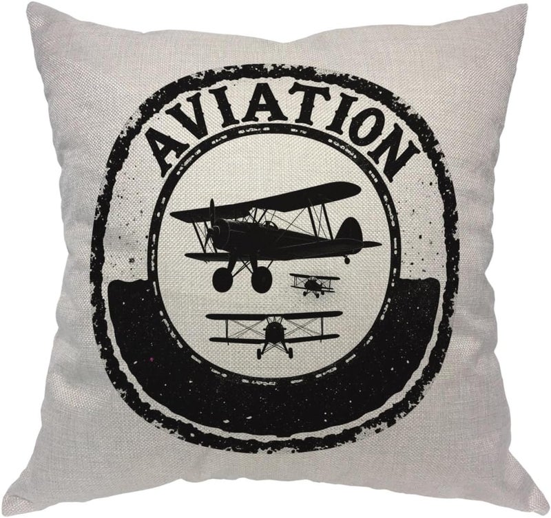 Moslion Airplane Throw Pillow Cover Stamp Design with Word Aviation and Airplane Pillow Case 18x18 Inch Cotton Linen Square Cushion Decorative Cover for Sofa Bedroom Black White - Image 1